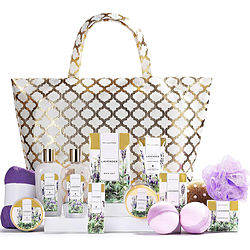 Lavender Fashion Bath Tote: Shower Gel + Bubble Bath + Bath Salt + Body Scrub + Hand Cream + Body Lotion + Massage Oil + Shampoo Bar + Soap + 2x Bath Bombs + Bath Loofah + Body Brush + Hair Drying Towel + Tote Bag --13pcs + Bag