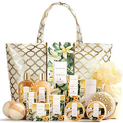 Vanilla Fashion Bath Tote: Shower Gel + Bubble Bath + Bath Salt + Body Scrub + Hand Cream + Body Lotion + Massage Oil + Shampoo Bar + Soap + 2x Bath Bombs + Bath Loofah + Body Brush + Hair Drying Towel + Tote Bag --13pcs + Bag