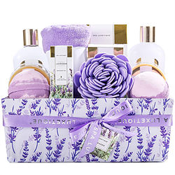 Lavender Bath & Shower Basket: Shower Gel + Bubble Bath +  Body Lotion + Hand Cream + Massage Oil + Bath Salt + Body Scrub + Soap + 2x Bath Bombs + Bath Loofah + Hair Drying Towel + Handmade Box --10pcs + Box